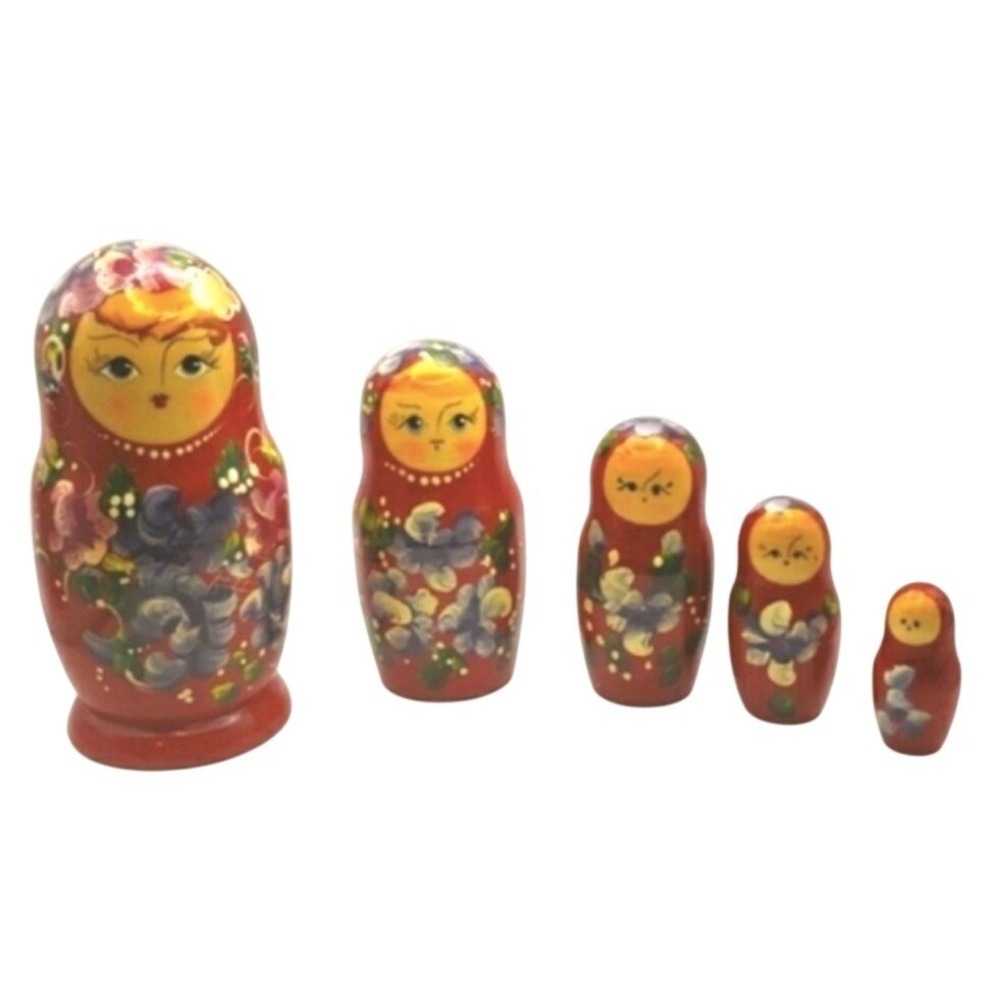 Vintage Russian Nesting Dolls Matryoshka Hand Painted Red Floral Wood 5 Pc Set